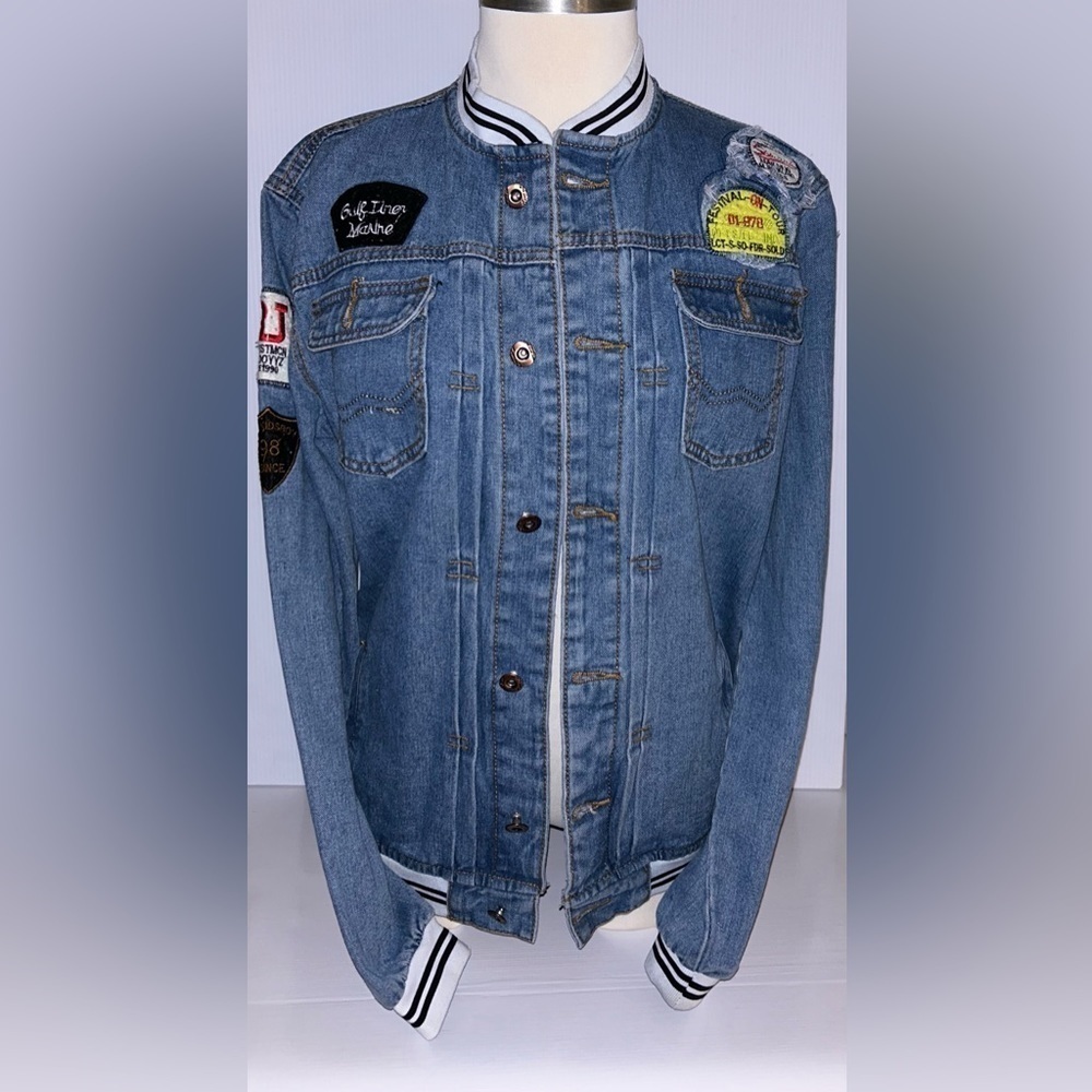 Denim Varsity Jacket Button Front Patches Pockets Size Medium Y2K Retro Vibe